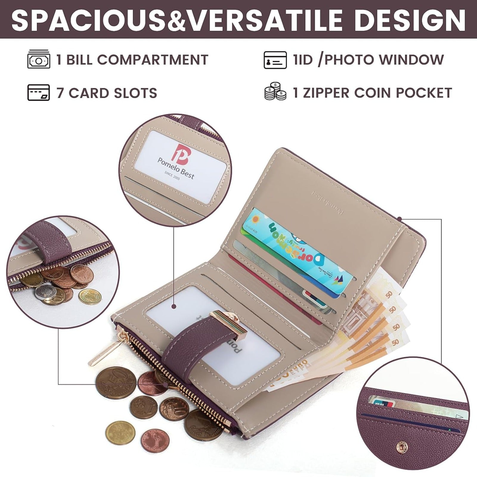 VNLVNL Wallet Women Bifold Leather Wallets for Women Credit Card Holder with ID Window Zipper Coin Pocket Deep Purple