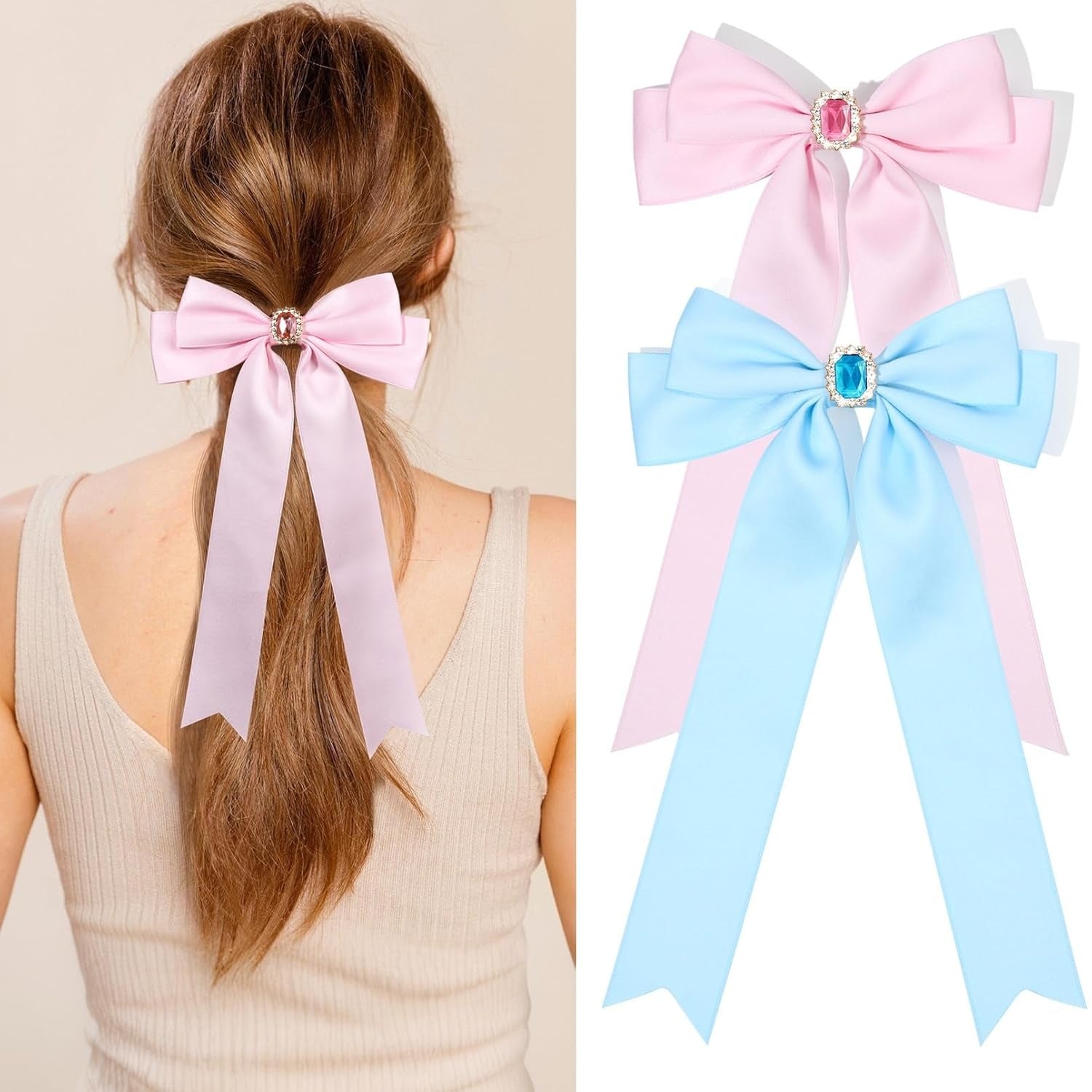 2PCS Silky Satin Hair Bows Hair Clip Blue Hair Ribbon Ponytail Holder Accessories Slides Metal Clips Hair Bow for Women Girls Toddlers Teens Kids