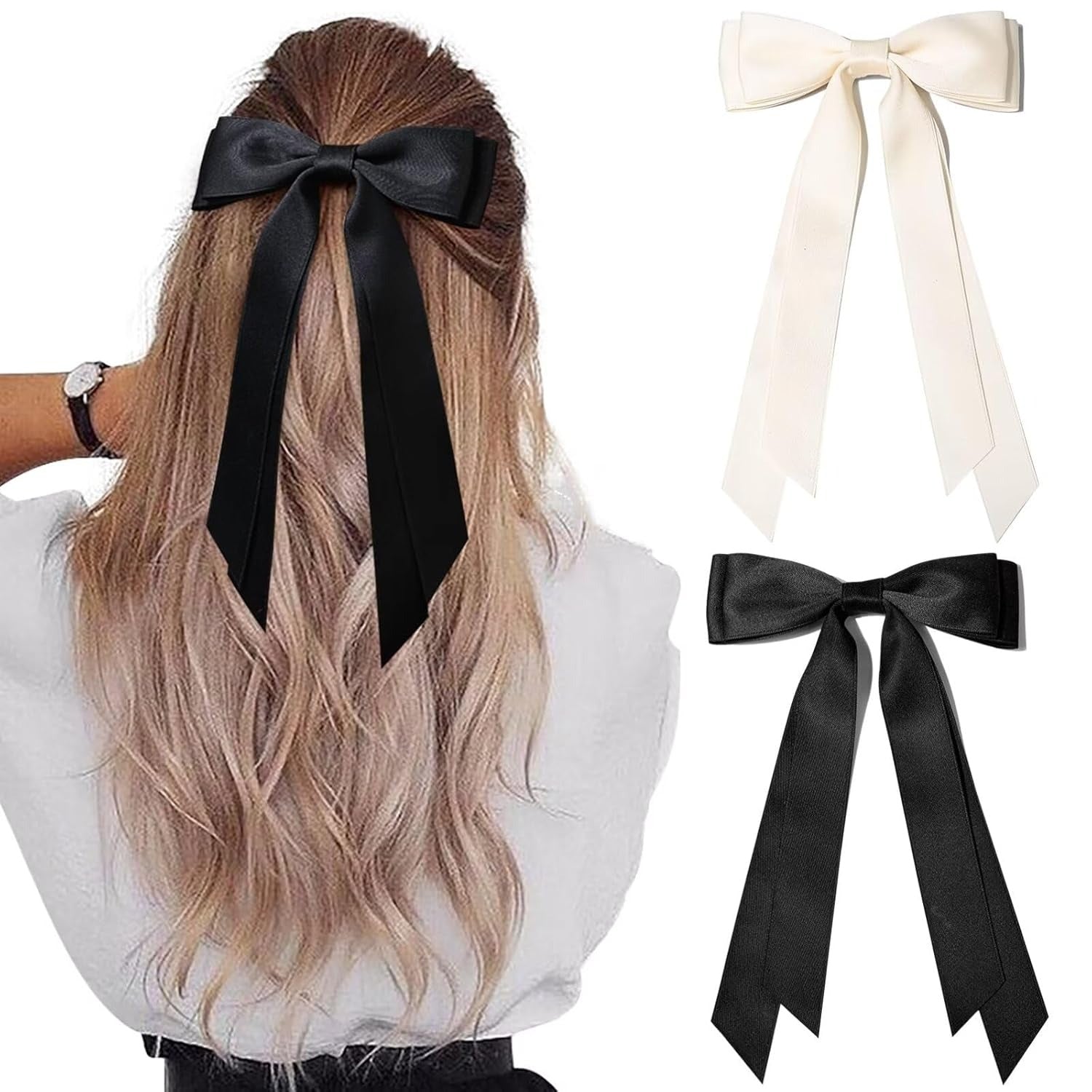 2PCS Silky Satin Hair Bows Hair Clip Blue Hair Ribbon Ponytail Holder Accessories Slides Metal Clips Hair Bow for Women Girls Toddlers Teens Kids