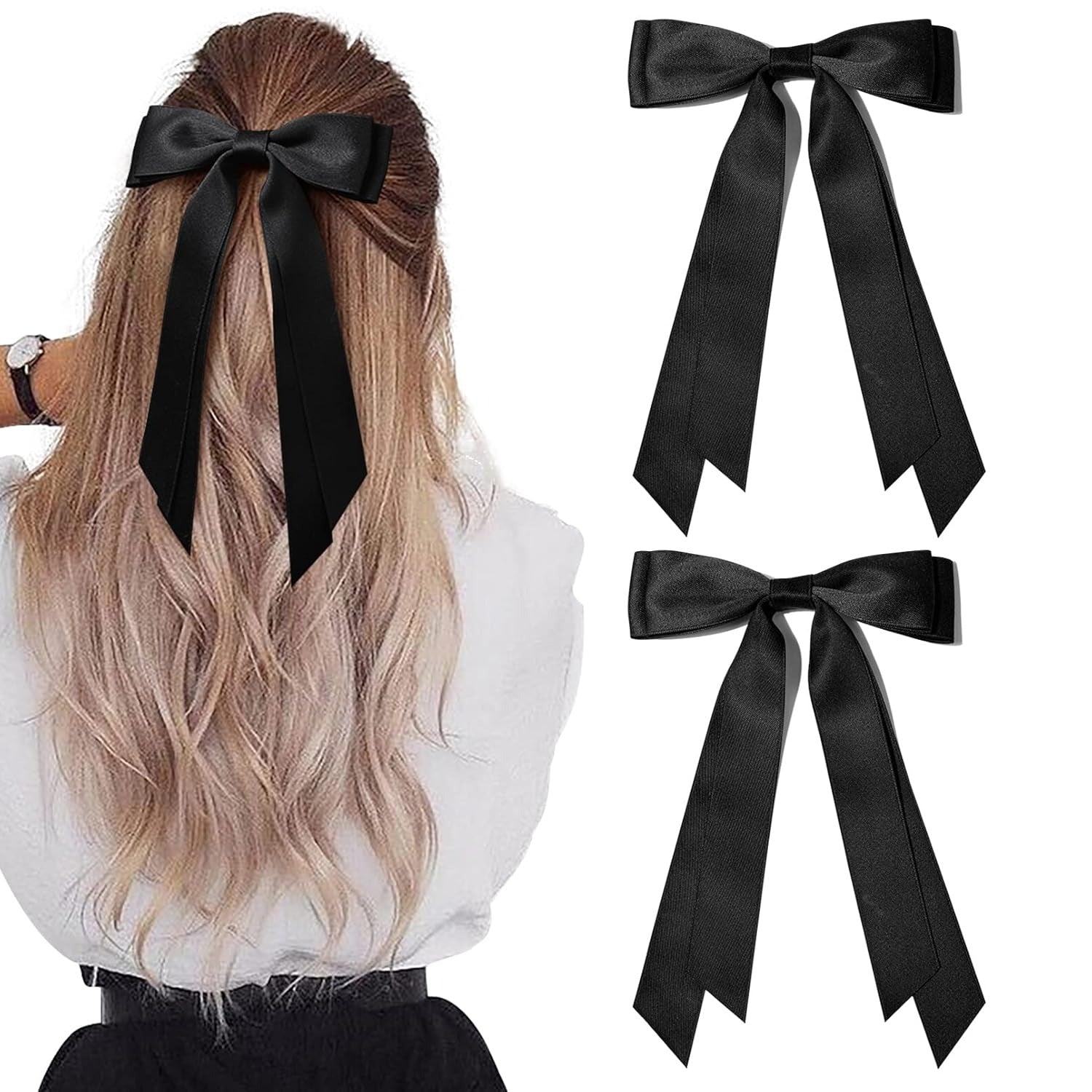 2PCS Silky Satin Hair Bows Hair Clip Blue Hair Ribbon Ponytail Holder Accessories Slides Metal Clips Hair Bow for Women Girls Toddlers Teens Kids