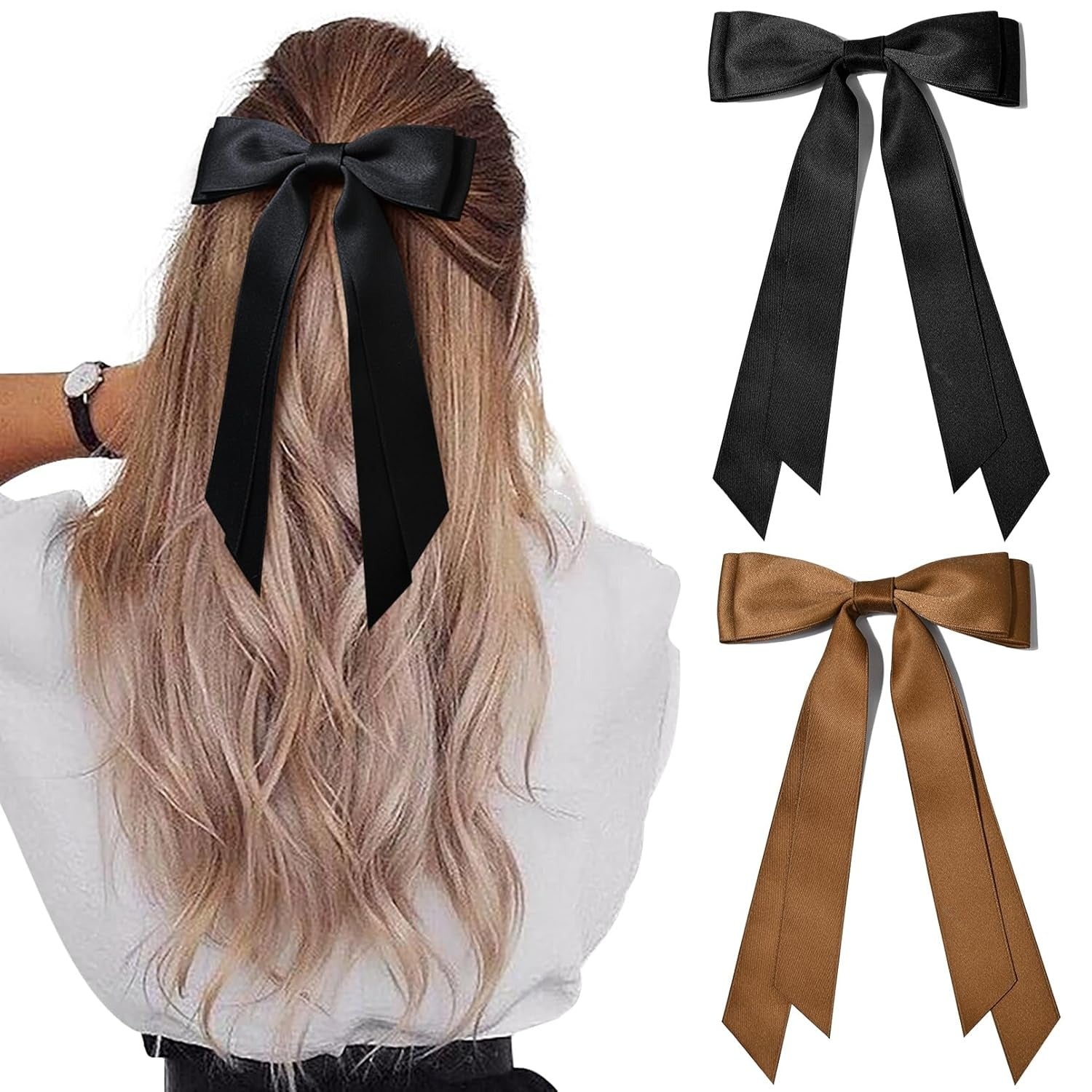 2PCS Silky Satin Hair Bows Hair Clip Blue Hair Ribbon Ponytail Holder Accessories Slides Metal Clips Hair Bow for Women Girls Toddlers Teens Kids
