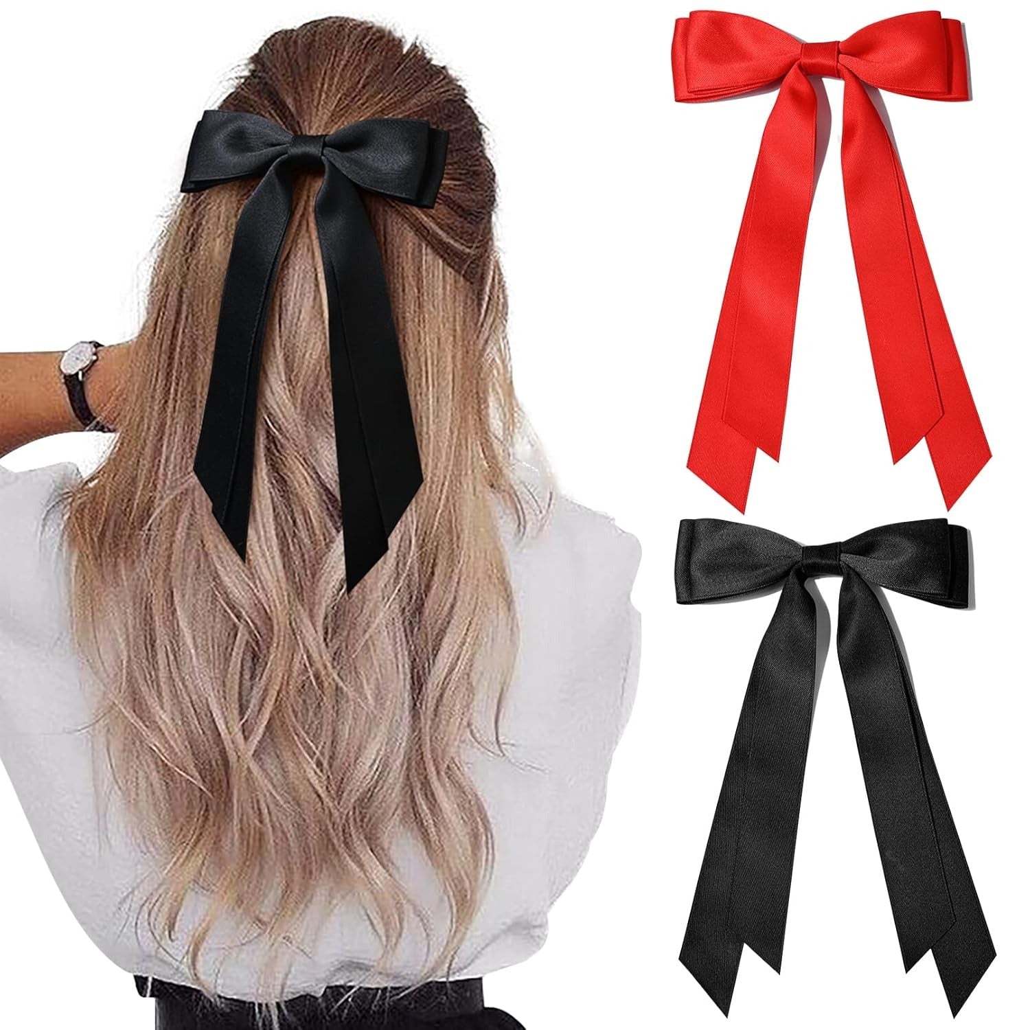 2PCS Silky Satin Hair Bows Hair Clip Blue Hair Ribbon Ponytail Holder Accessories Slides Metal Clips Hair Bow for Women Girls Toddlers Teens Kids