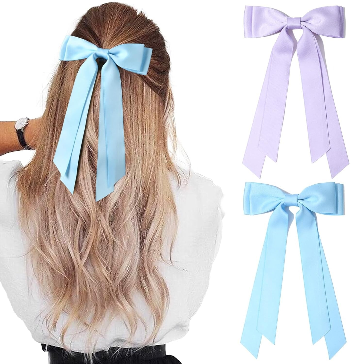 2PCS Silky Satin Hair Bows Hair Clip Blue Hair Ribbon Ponytail Holder Accessories Slides Metal Clips Hair Bow for Women Girls Toddlers Teens Kids
