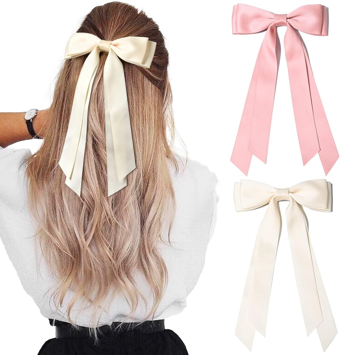 2PCS Silky Satin Hair Bows Hair Clip Blue Hair Ribbon Ponytail Holder Accessories Slides Metal Clips Hair Bow for Women Girls Toddlers Teens Kids