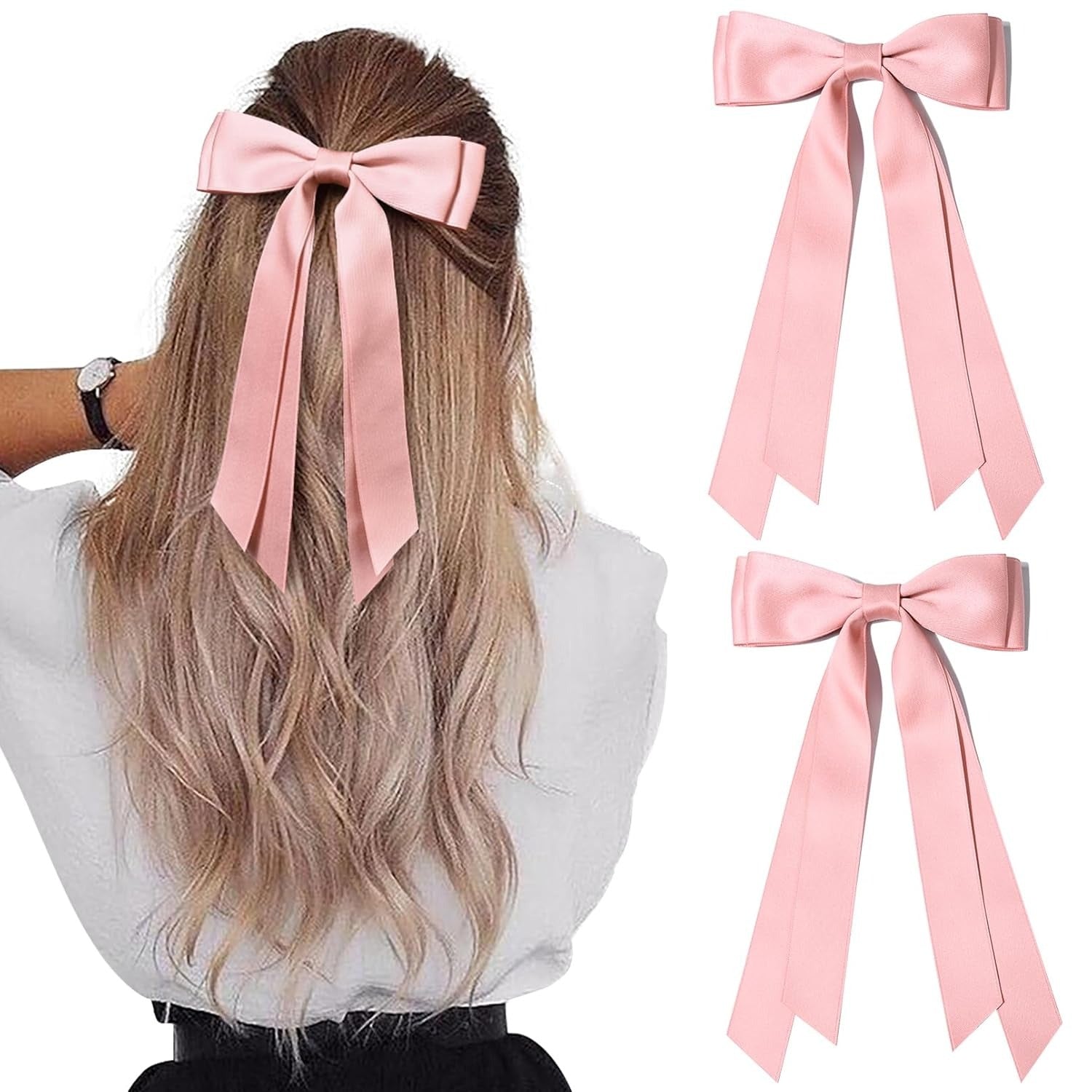 2PCS Silky Satin Hair Bows Hair Clip Blue Hair Ribbon Ponytail Holder Accessories Slides Metal Clips Hair Bow for Women Girls Toddlers Teens Kids