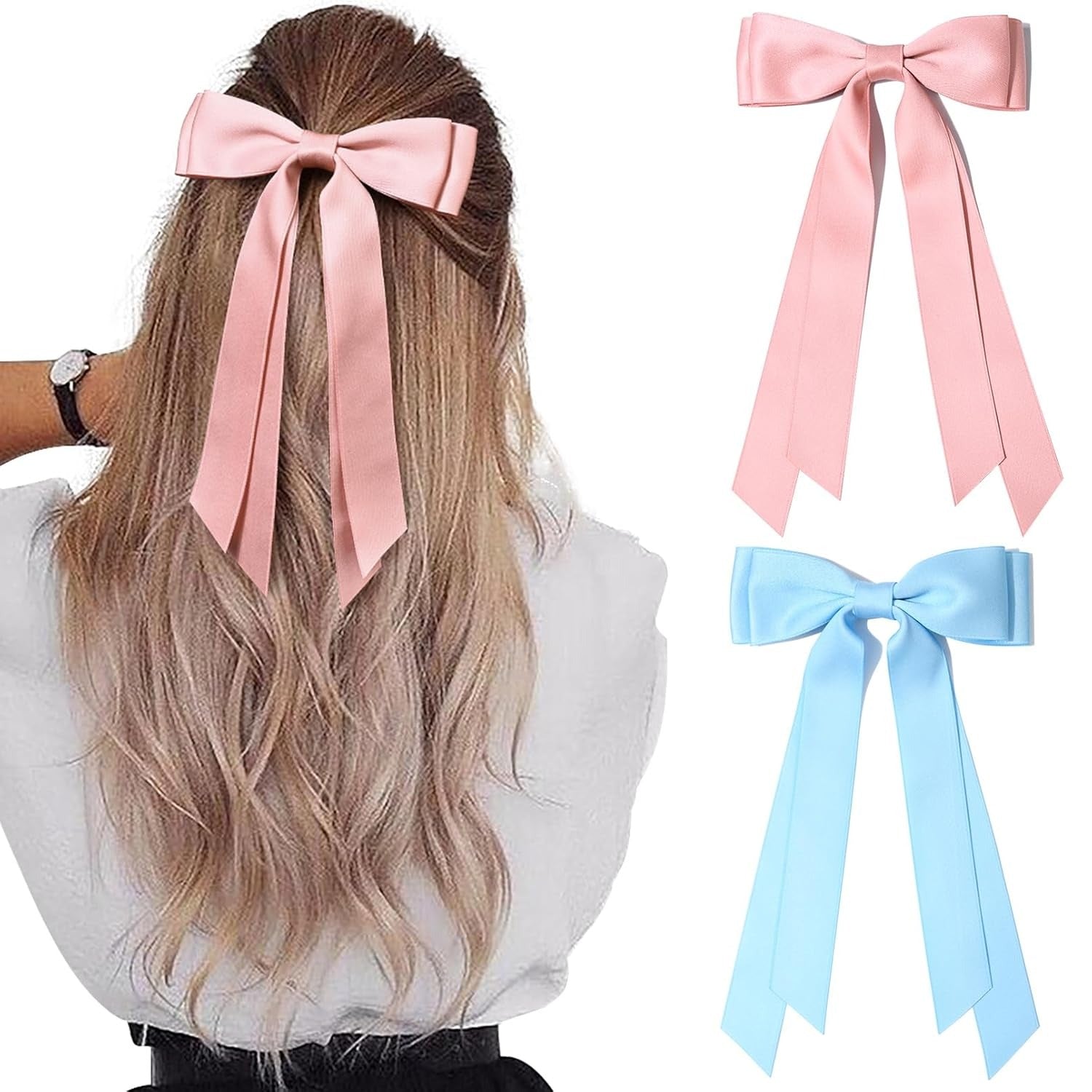 2PCS Silky Satin Hair Bows Hair Clip Blue Hair Ribbon Ponytail Holder Accessories Slides Metal Clips Hair Bow for Women Girls Toddlers Teens Kids