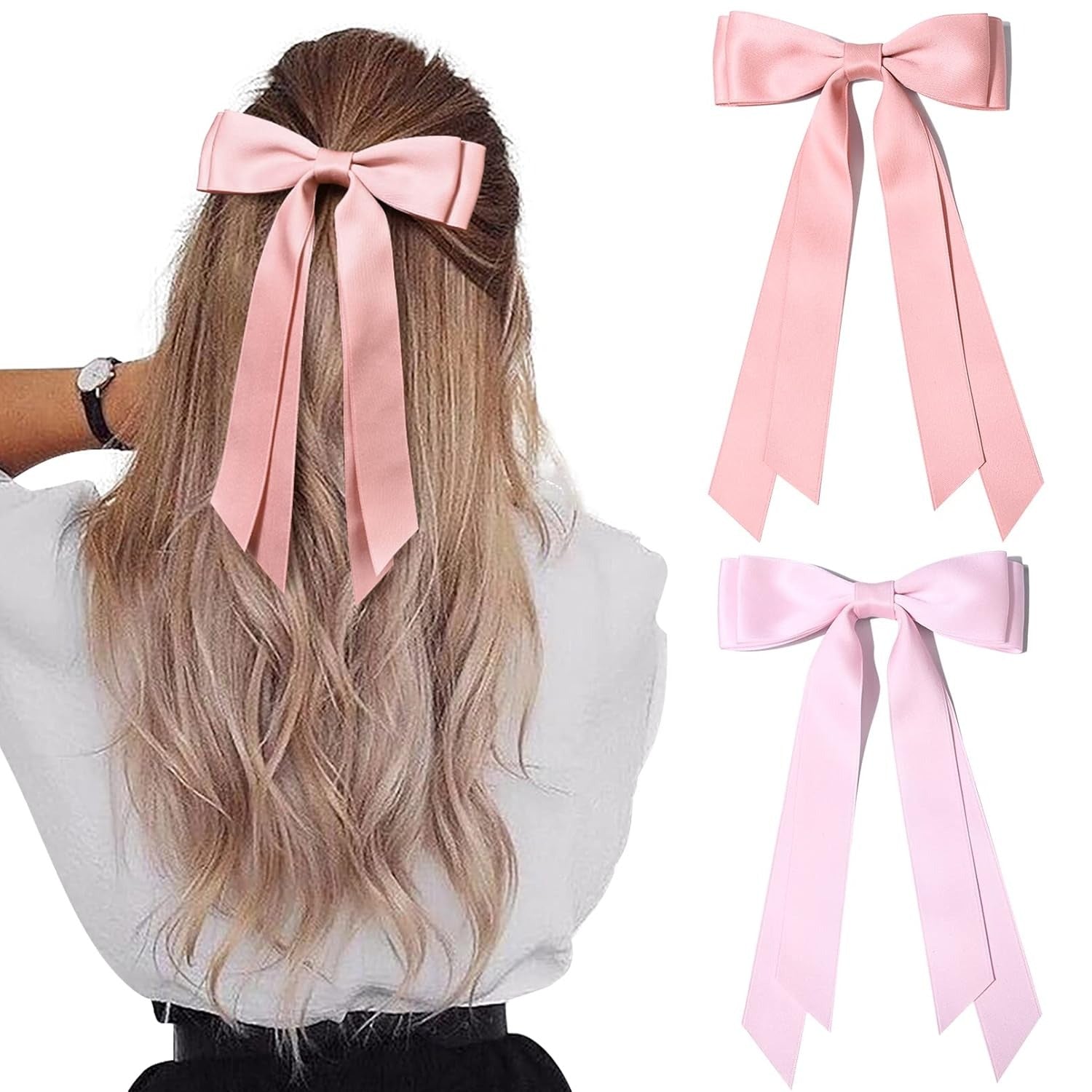 2PCS Silky Satin Hair Bows Hair Clip Blue Hair Ribbon Ponytail Holder Accessories Slides Metal Clips Hair Bow for Women Girls Toddlers Teens Kids