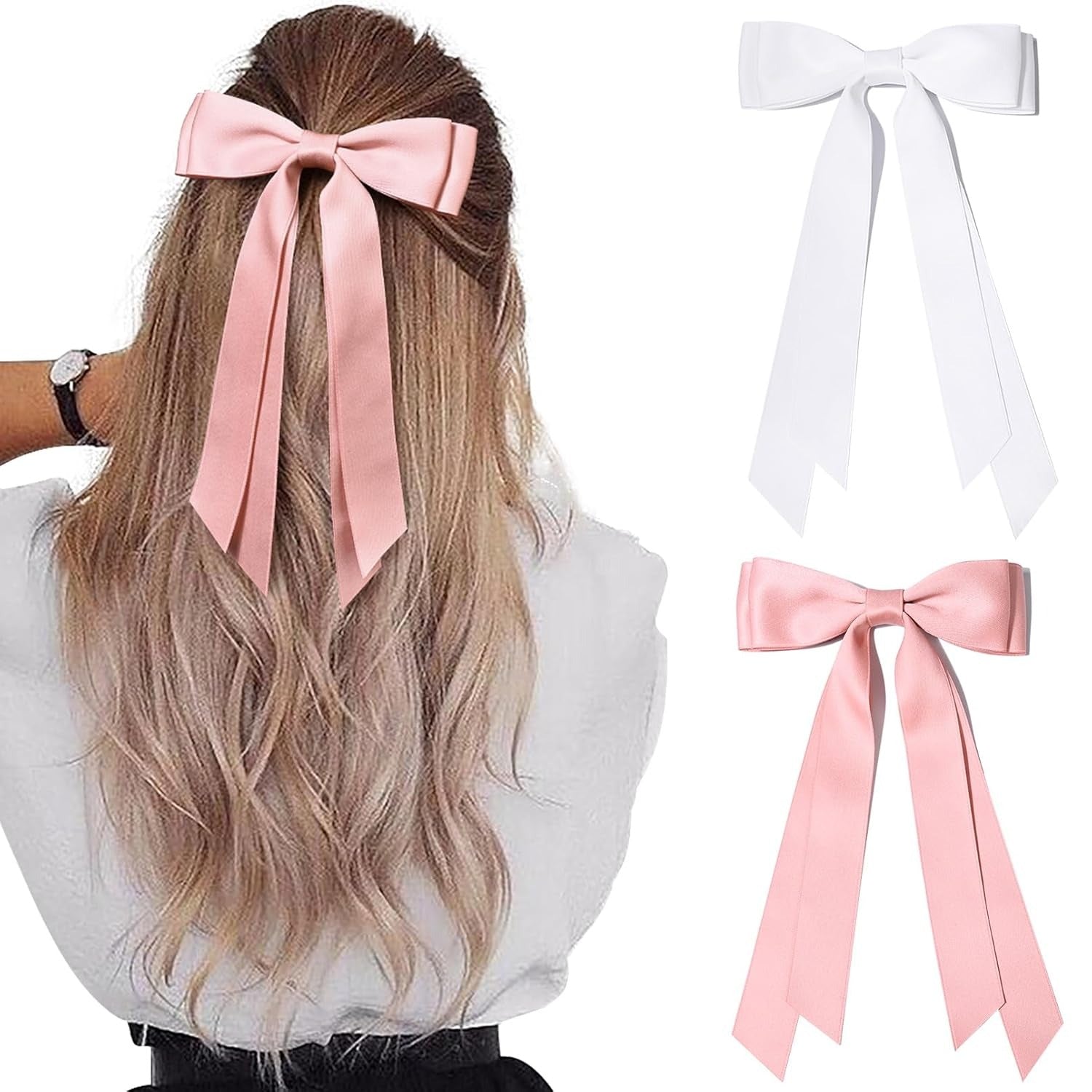 2PCS Silky Satin Hair Bows Hair Clip Blue Hair Ribbon Ponytail Holder Accessories Slides Metal Clips Hair Bow for Women Girls Toddlers Teens Kids