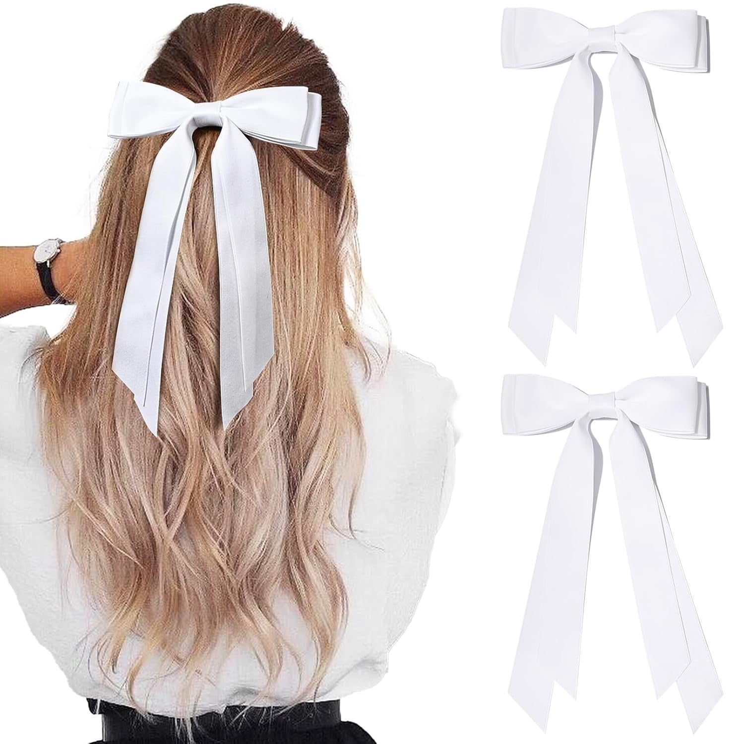 2PCS Silky Satin Hair Bows Hair Clip Blue Hair Ribbon Ponytail Holder Accessories Slides Metal Clips Hair Bow for Women Girls Toddlers Teens Kids