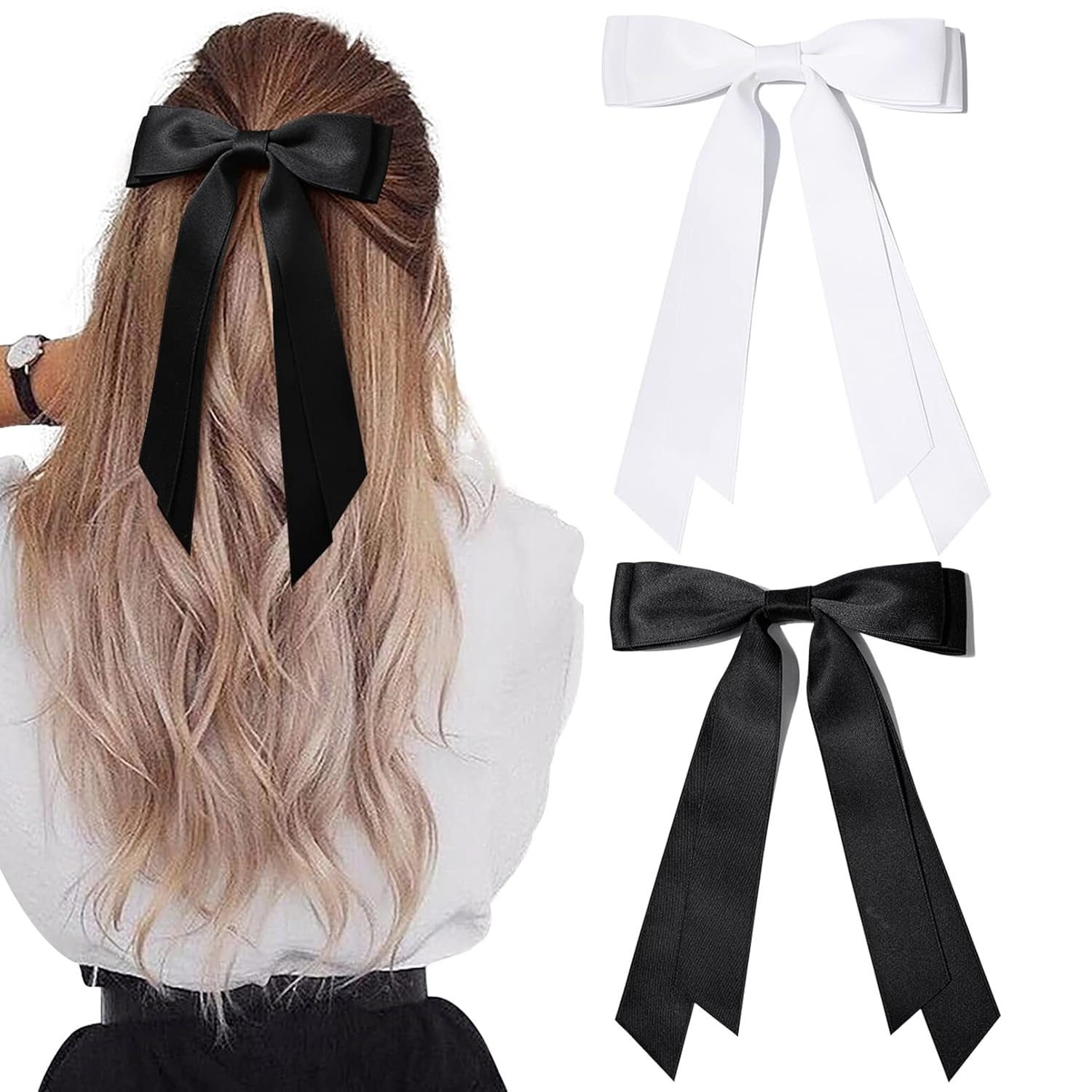 2PCS Silky Satin Hair Bows Hair Clip Blue Hair Ribbon Ponytail Holder Accessories Slides Metal Clips Hair Bow for Women Girls Toddlers Teens Kids