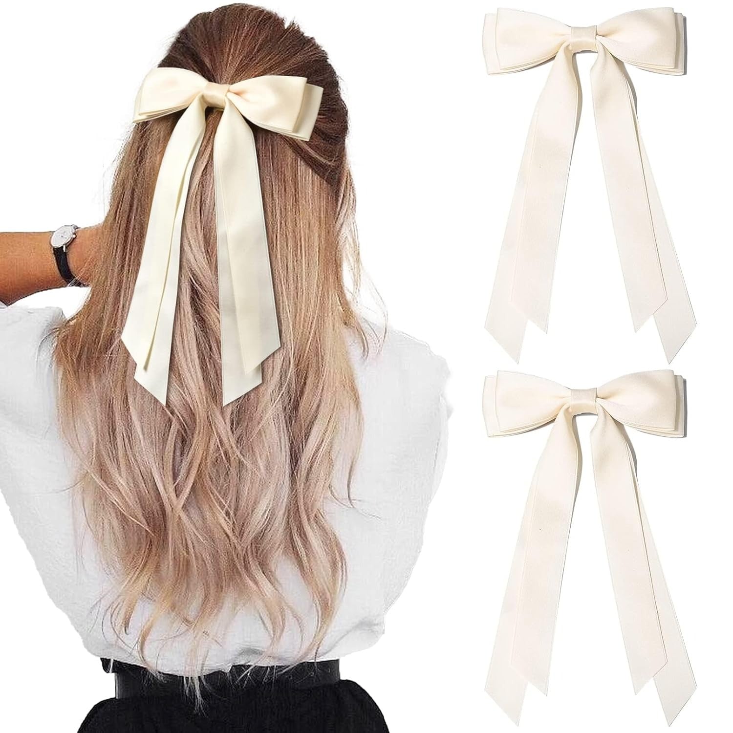 2PCS Silky Satin Hair Bows Hair Clip Blue Hair Ribbon Ponytail Holder Accessories Slides Metal Clips Hair Bow for Women Girls Toddlers Teens Kids
