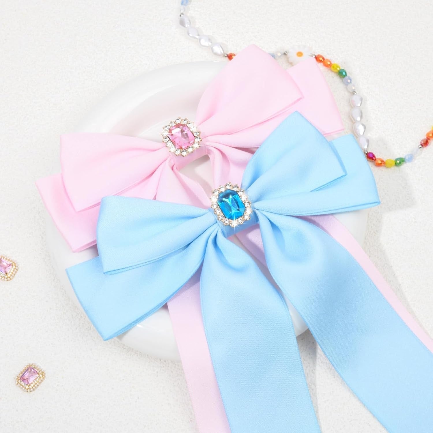 2PCS Silky Satin Hair Bows Hair Clip Blue Hair Ribbon Ponytail Holder Accessories Slides Metal Clips Hair Bow for Women Girls Toddlers Teens Kids
