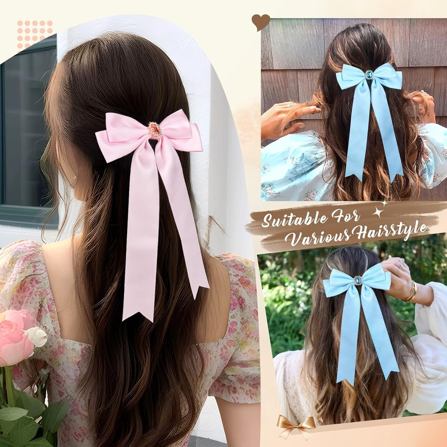 2PCS Silky Satin Hair Bows Hair Clip Blue Hair Ribbon Ponytail Holder Accessories Slides Metal Clips Hair Bow for Women Girls Toddlers Teens Kids
