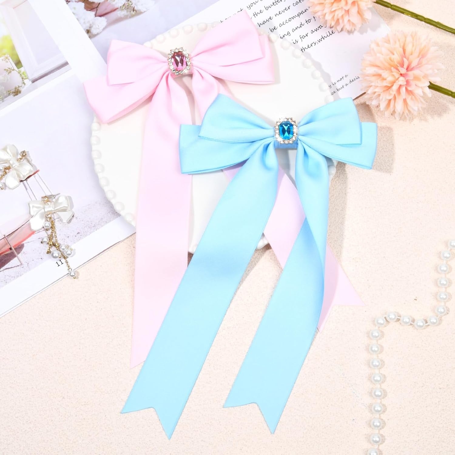 2PCS Silky Satin Hair Bows Hair Clip Blue Hair Ribbon Ponytail Holder Accessories Slides Metal Clips Hair Bow for Women Girls Toddlers Teens Kids