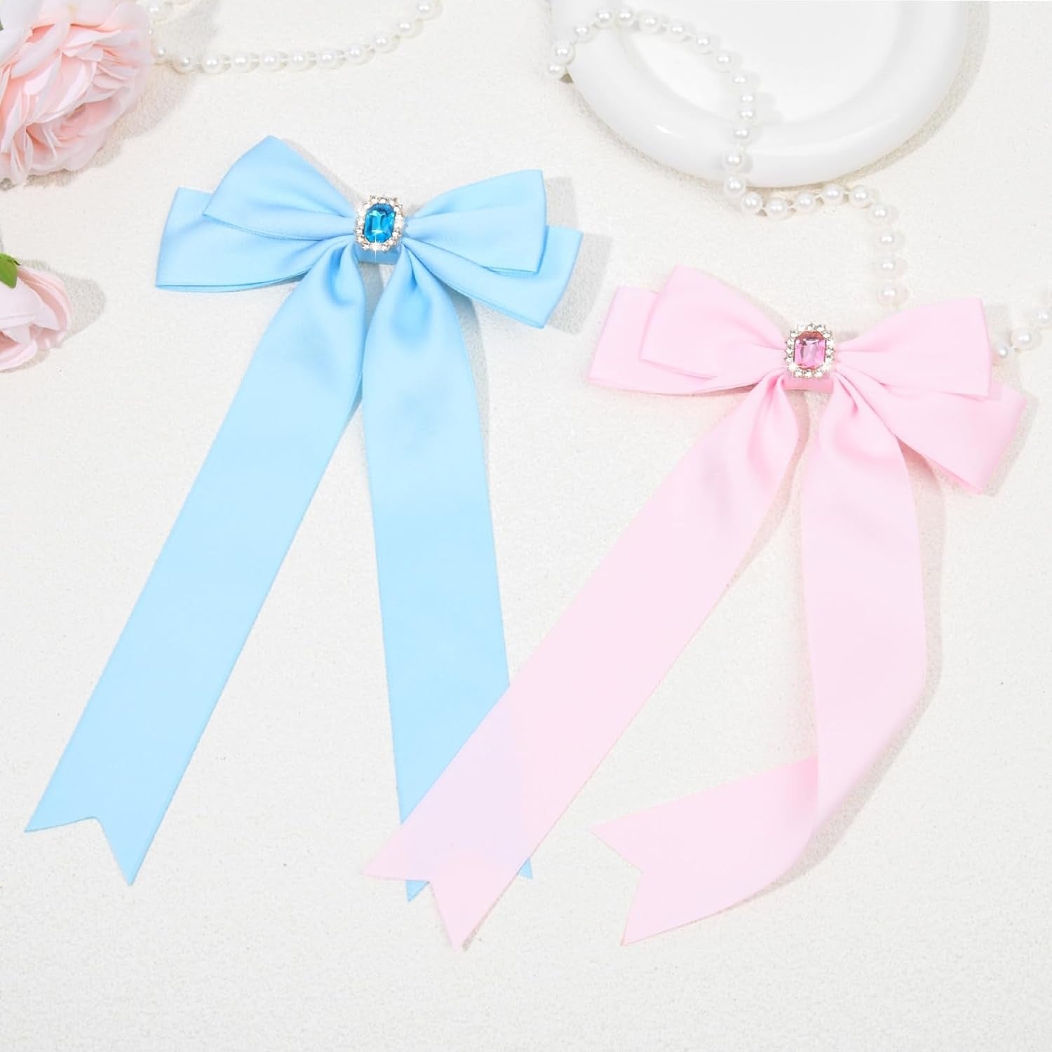 2PCS Silky Satin Hair Bows Hair Clip Blue Hair Ribbon Ponytail Holder Accessories Slides Metal Clips Hair Bow for Women Girls Toddlers Teens Kids