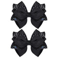 Glitter Navy Blue Ribbon Hair Bows for Girls 2pcs 4in Sparkly Sequin Cheer Bow Alligator Clips for Teens Toddler Kids School Uniform Dance Wedding Dress Accessory Birthday Gift