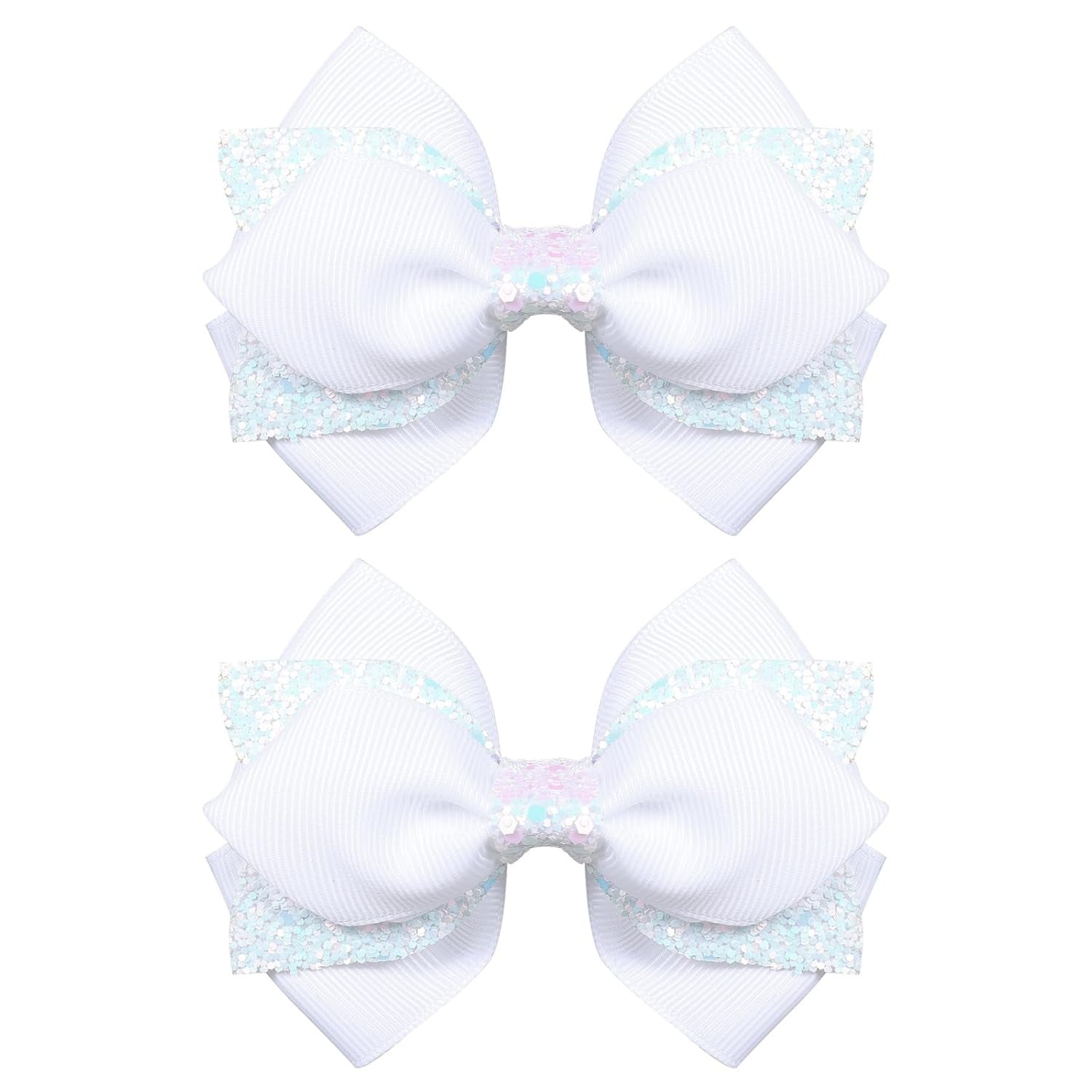 Glitter Navy Blue Ribbon Hair Bows for Girls 2pcs 4in Sparkly Sequin Cheer Bow Alligator Clips for Teens Toddler Kids School Uniform Dance Wedding Dress Accessory Birthday Gift