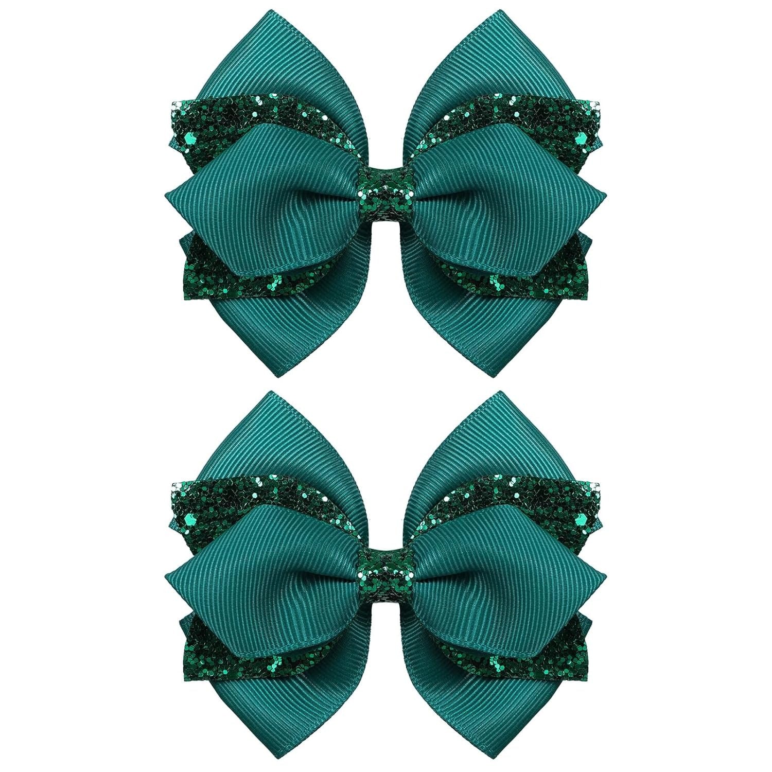 Glitter Navy Blue Ribbon Hair Bows for Girls 2pcs 4in Sparkly Sequin Cheer Bow Alligator Clips for Teens Toddler Kids School Uniform Dance Wedding Dress Accessory Birthday Gift