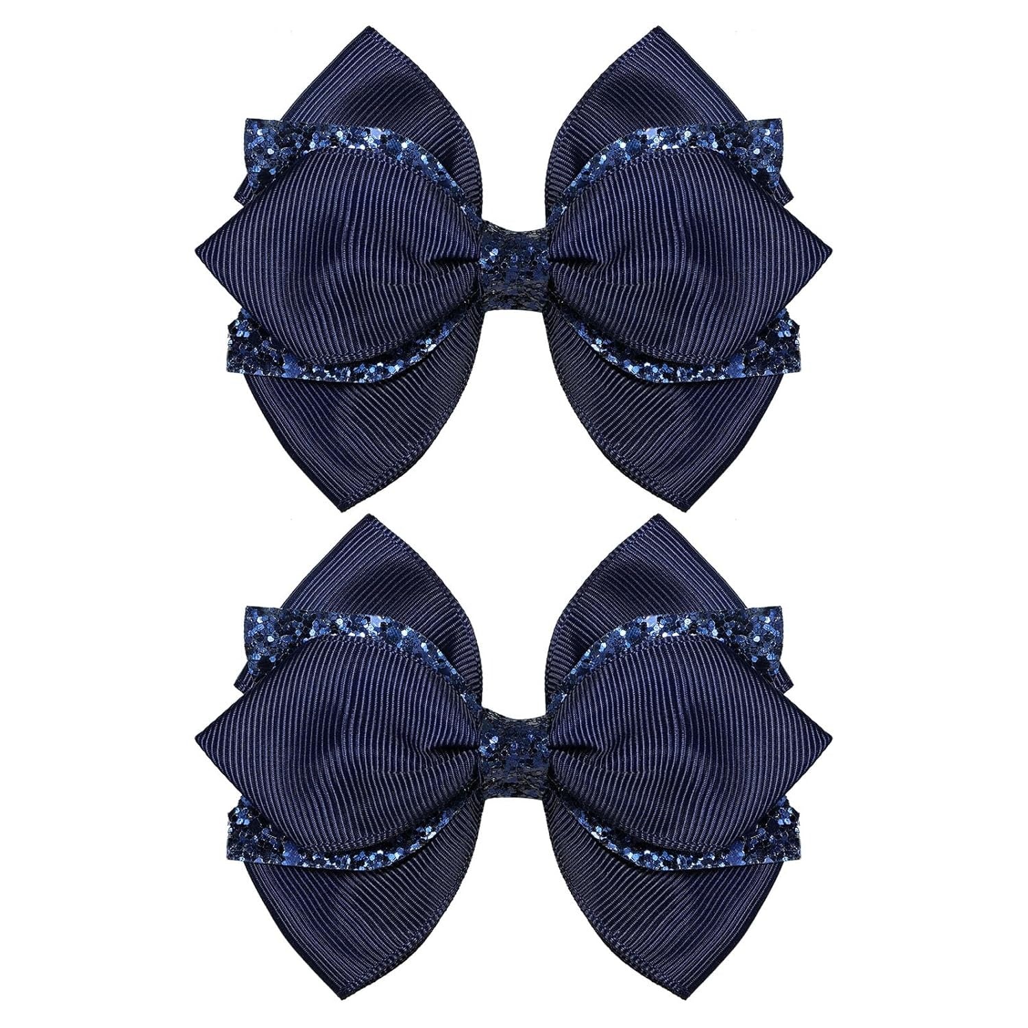 Glitter Navy Blue Ribbon Hair Bows for Girls 2pcs 4in Sparkly Sequin Cheer Bow Alligator Clips for Teens Toddler Kids School Uniform Dance Wedding Dress Accessory Birthday Gift